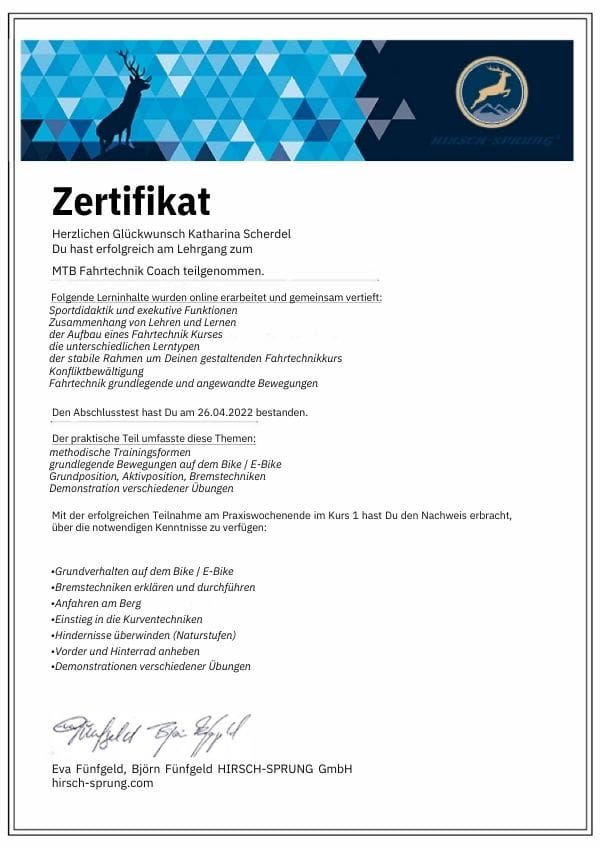 KaDa Bike – Zertifikat MTB Fahrtechnik Couch – Katharina Scherdel